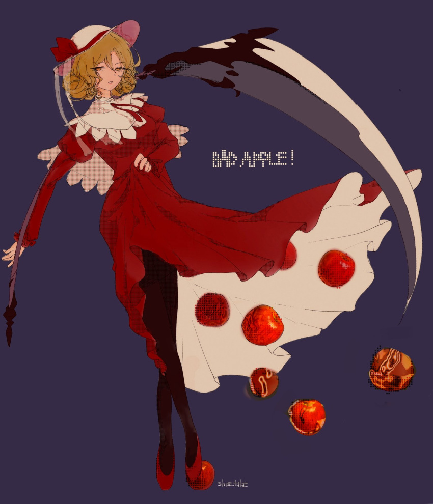 1girl, blonde_hair, collar, dress, elly_(touhou), frilled_collar, frills, highres, medium_hair, red_dress, shee_take, solo, touhou, touhou_(pc-98), weapon, weapon_on_back, white_headwear