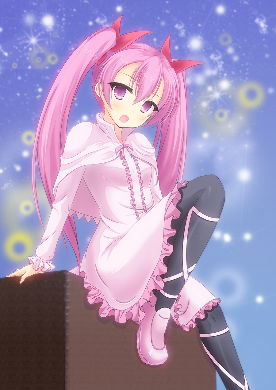 1girl, :d, akame_ga_kill!, arm_support, black_pantyhose, blue_background, blush, boots, breasts, capelet, center_frills, commentary_request, dress, eyelashes, feet_out_of_frame, frilled_dress, frilled_sleeves, frills, hair_between_eyes, hair_ribbon, highres, hirocchi, knee_up, leg_ribbon, long_hair, long_sleeves, looking_at_viewer, mine_(akame_ga_kill!), open_mouth, pantyhose, parted_bangs, pink_capelet, pink_dress, pink_footwear, pink_hair, pink_ribbon, red_ribbon, ribbon, simple_background, sitting, small_breasts, smile, solo, twintails, violet_eyes