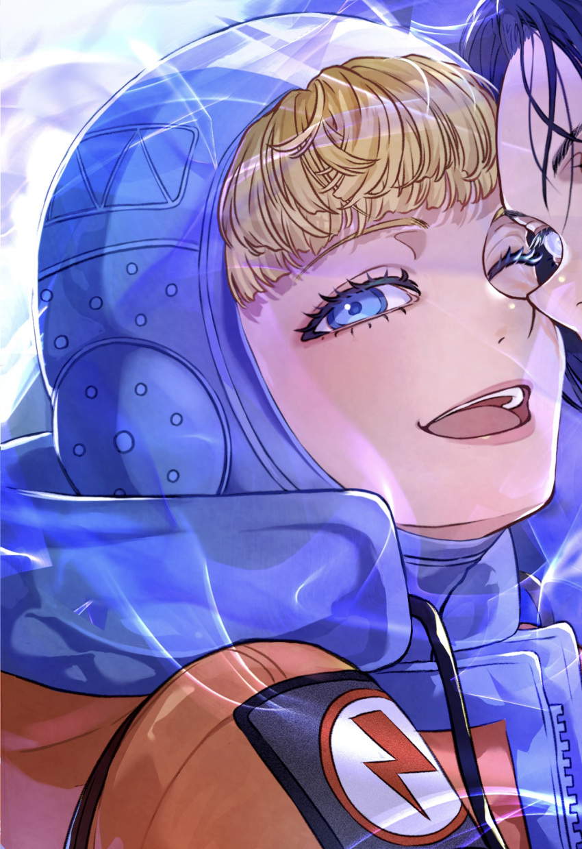 2girls, animification, apex_legends, black_hair, blonde_hair, blue_bodysuit, blue_eyes, blush