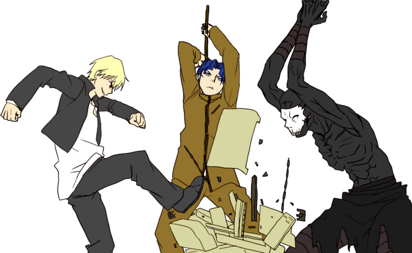 4chan, artist_request, blonde_hair, blue_eyes, blue_hair, dark_skin, destruction, fate/stay_night