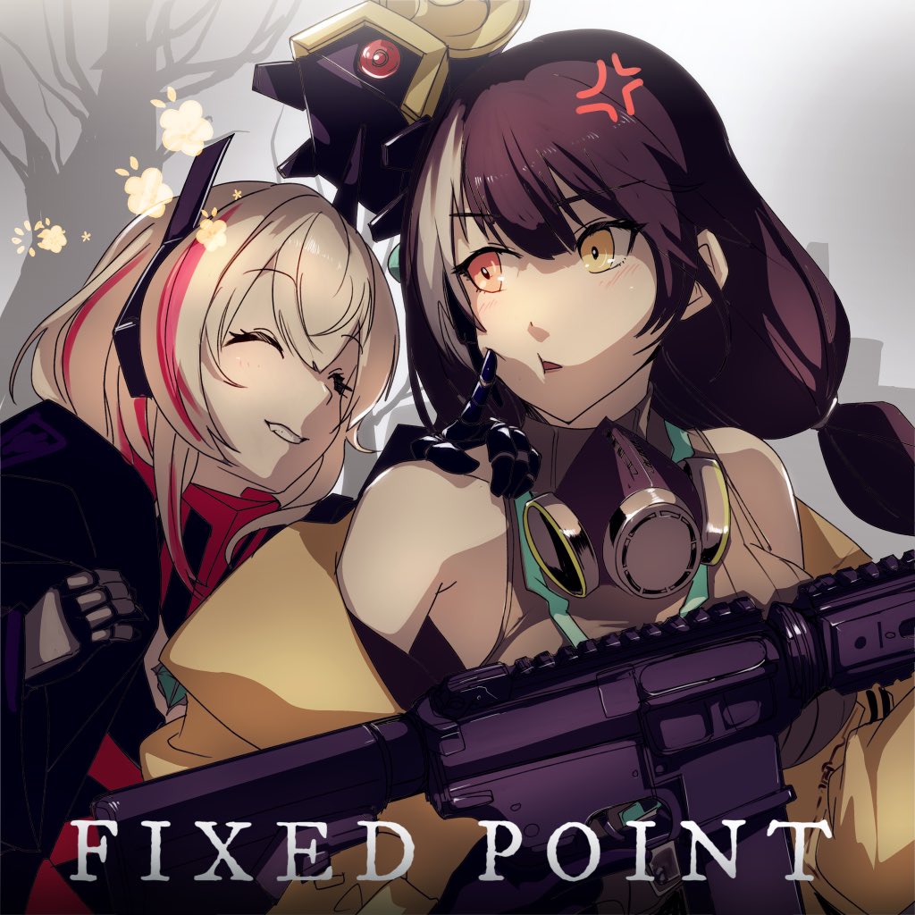 2girls, anger_vein, banana_(girls'_frontline), bare_shoulders, black_hair, blonde_hair, cheek_poking, closed_eyes