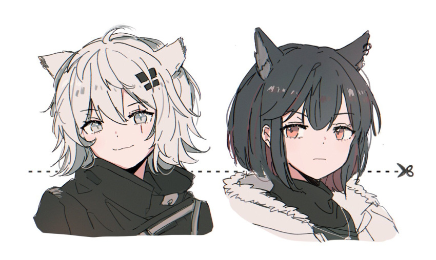 2girls, ahoge, alternate_hair_length, alternate_hairstyle, animal_ear_fluff, animal_ears, arknights, black_hair