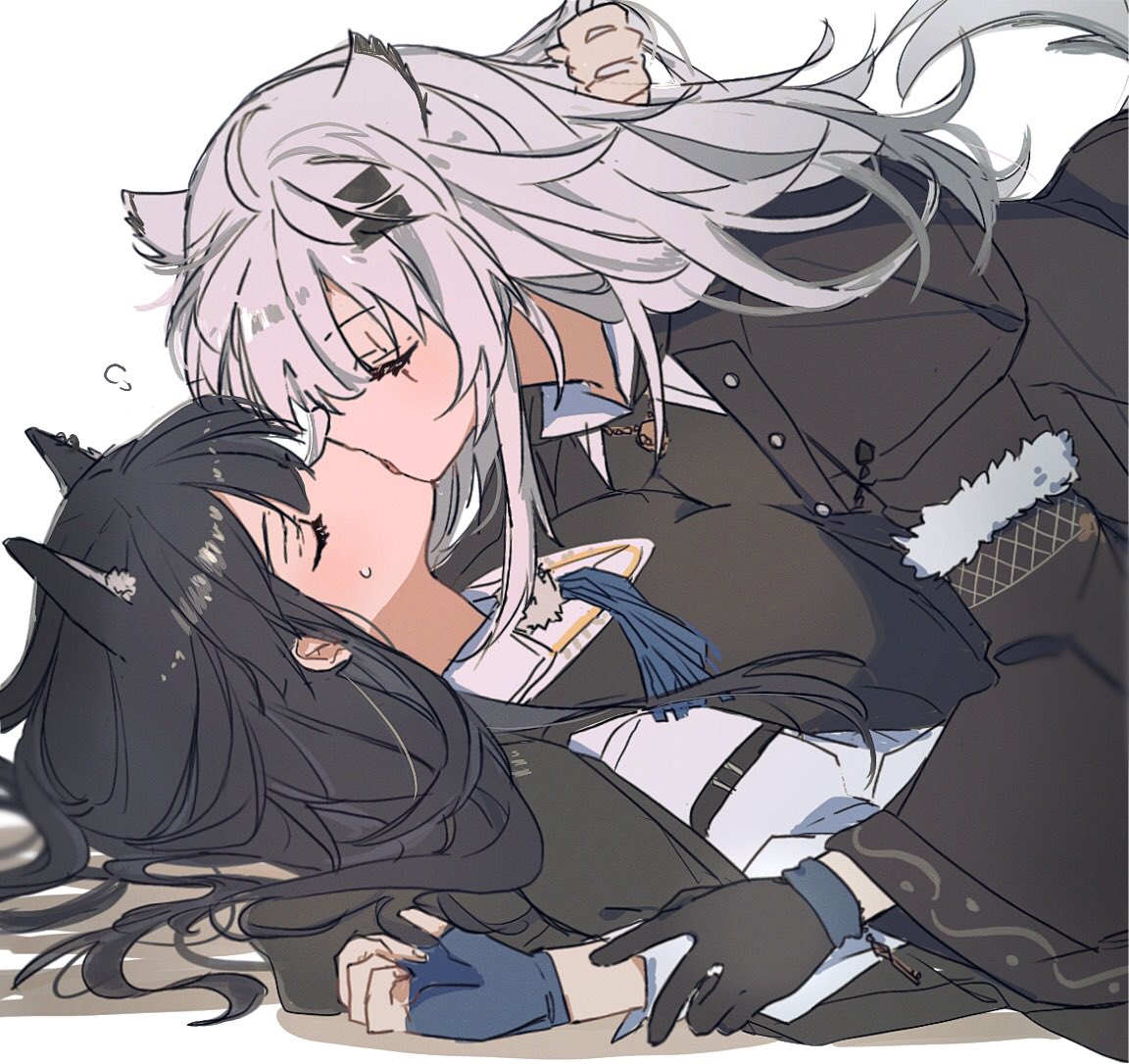 2girls, animal_ear_fluff, animal_ears, arknights, ascot, black_coat, black_gloves, black_hair