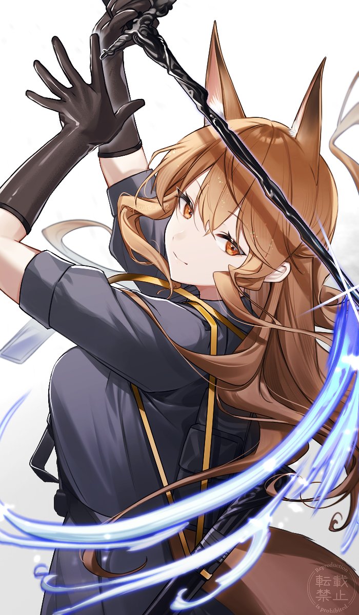 1girl, animal_ear_fluff, animal_ears, arknights, arms_up, belt, black_gloves, blue_shirt