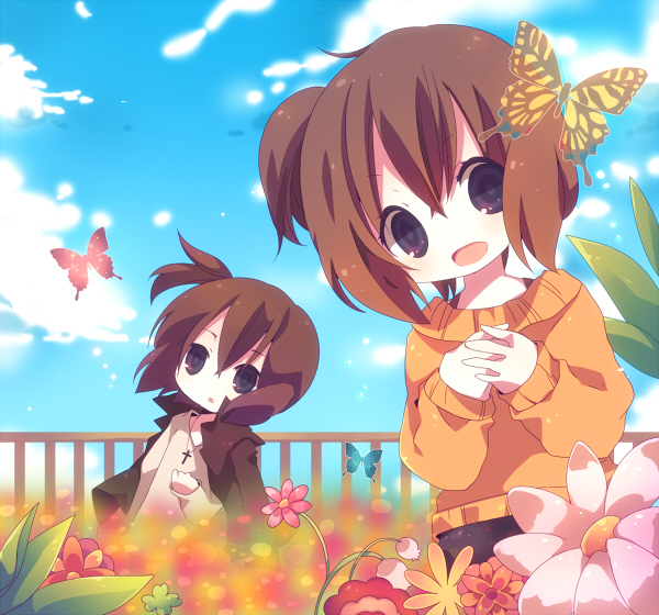 2girls, ana_(rznuscrf), brown_hair, butterfly, child, cloud, clouds, flower