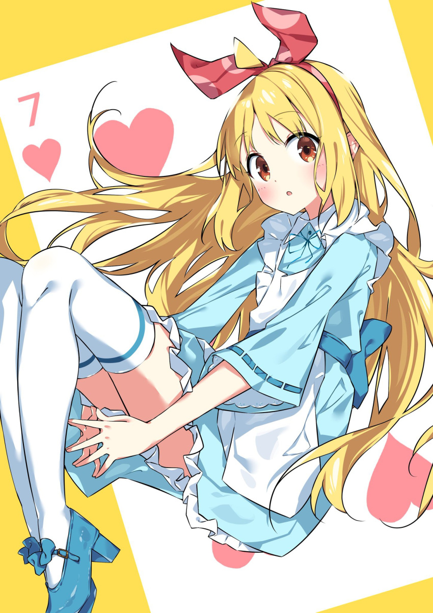 1girl, :o, ahoge, apron, blonde_hair, blue_bow, blue_dress, blue_footwear