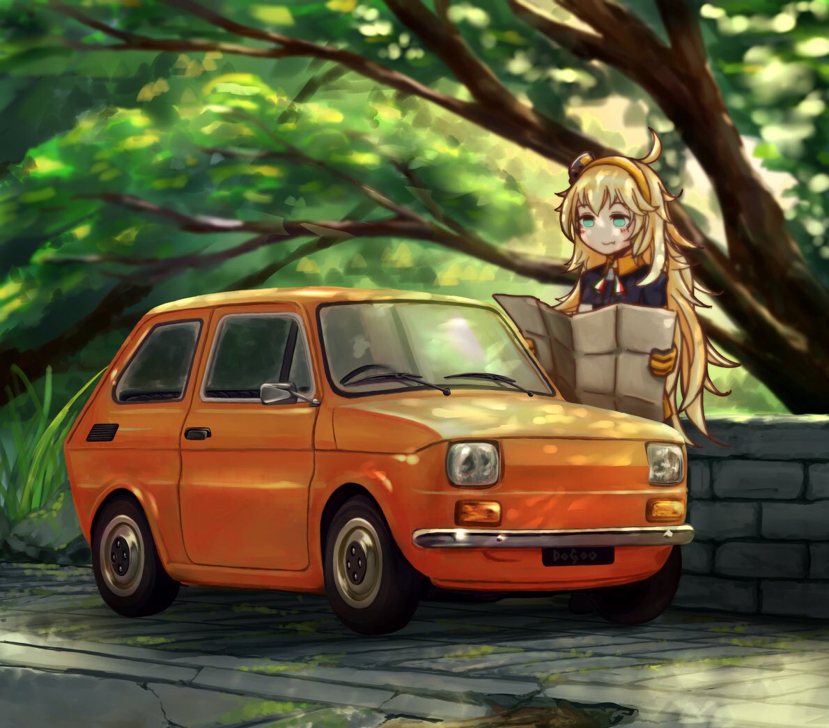 1girl, ahoge, aqua_eyes, blonde_hair, car, commentary, dappled_sunlight, fang