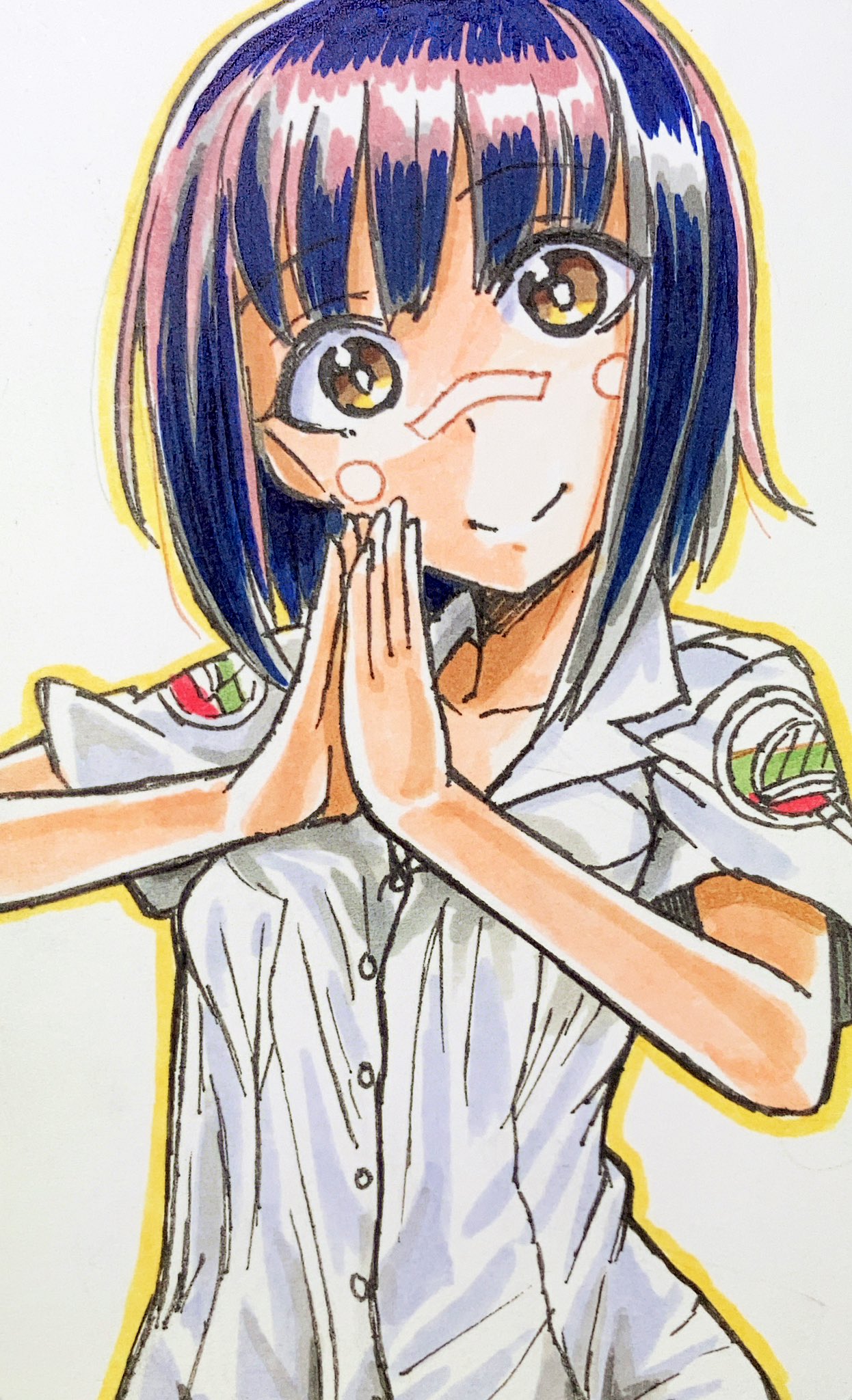 1girl, aung_(girls_und_panzer), black_hair, bob_cut, breasts, brown_eyes, collared_shirt, dark-skinned_female