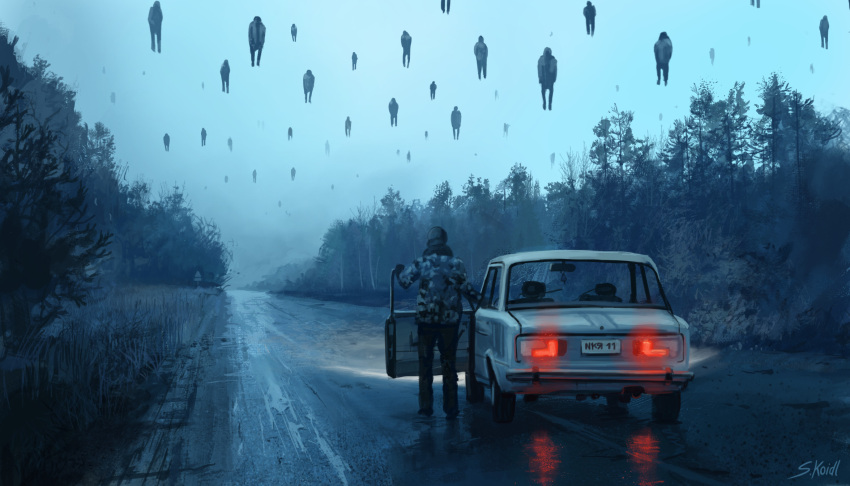 artist_name, car, floating, forest, highres, lada_(car), motor_vehicle, nature
