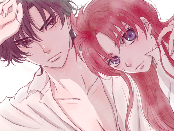 1boy, 1girl, black_eyes, black_hair, blue_eyes, choujuu_kishin_dancouga, collarbone, dancouga_(series), frown, fujiwara_shinobu, hair_behind_ear, hand_on_another's_shoulder, long_hair, looking_at_viewer, pectoral_cleavage, pectorals, redhead, shirt, white_background, white_shirt, yuki_sara, yumirin