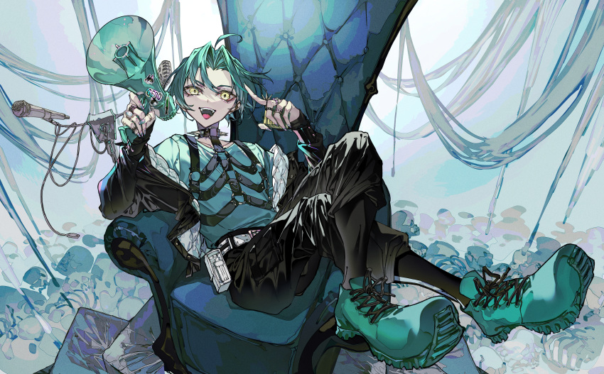1boy, :d, absurdres, ahoge, armchair, belt, black_jacket, black_pants
