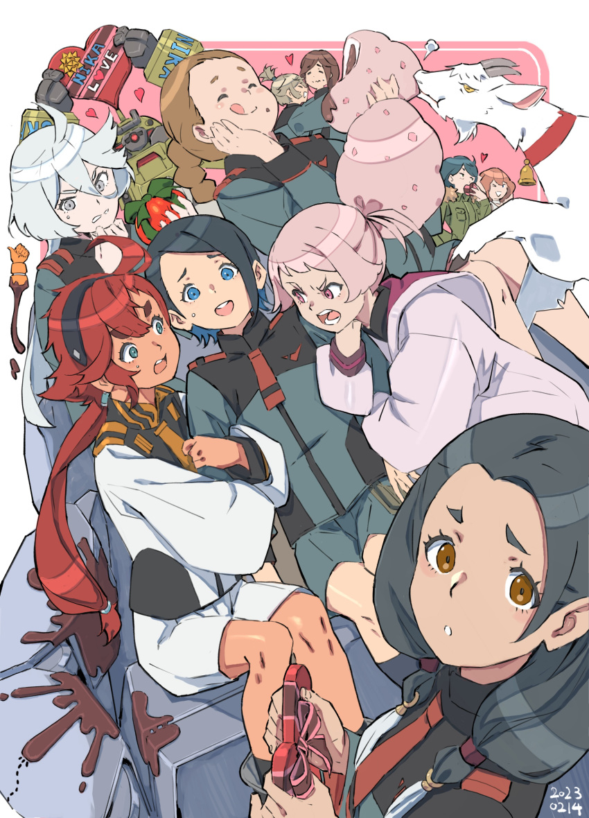 6+girls, absurdres, afro_puffs, ahoge, aliya_mahvash, angry, arm_hug, asticassia_school_uniform