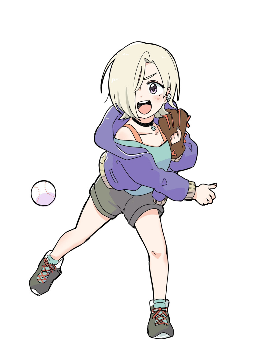 1girl, aqua_shirt, baseball, baseball_mitt, black_choker, blue_jacket, blush, choker
