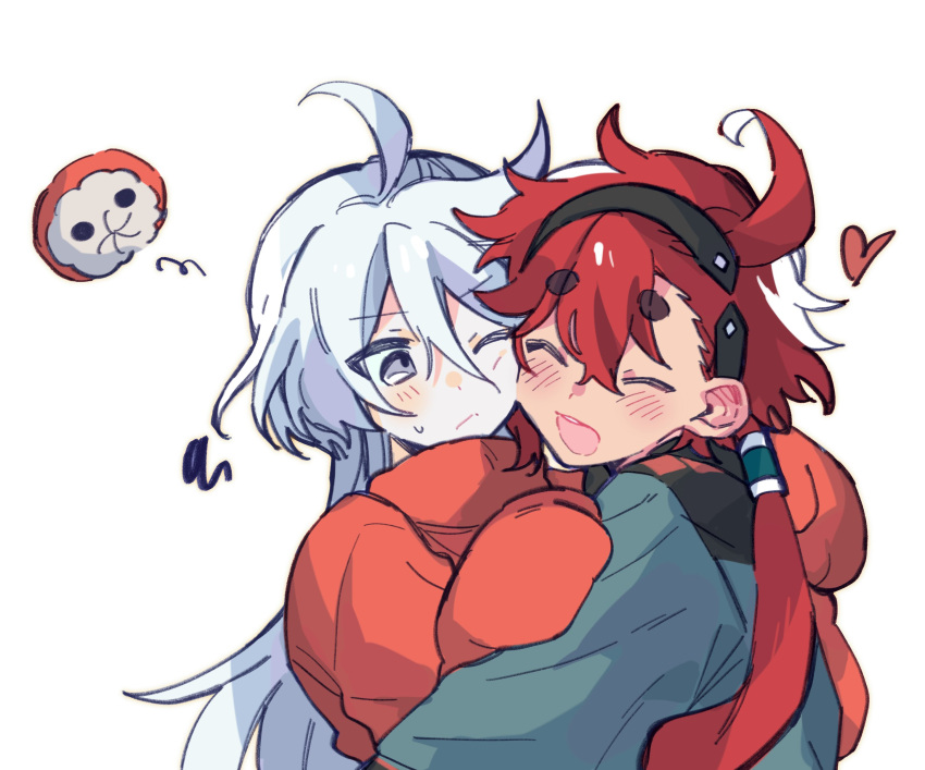 2girls, absurdres, ahoge, asticassia_school_uniform, blush, cheek-to-cheek, closed_eyes, costume, grey_eyes, gundam, gundam_suisei_no_majo, hairband, heads_together, heart, highres, hots_(gundam_suisei_no_majo), hug, long_hair, miorine_rembran, multiple_girls, one_eye_closed, open_mouth, ponytail, redhead, school_uniform, simple_background, suletta_mercury, thick_eyebrows, white_background, white_hair, yuri