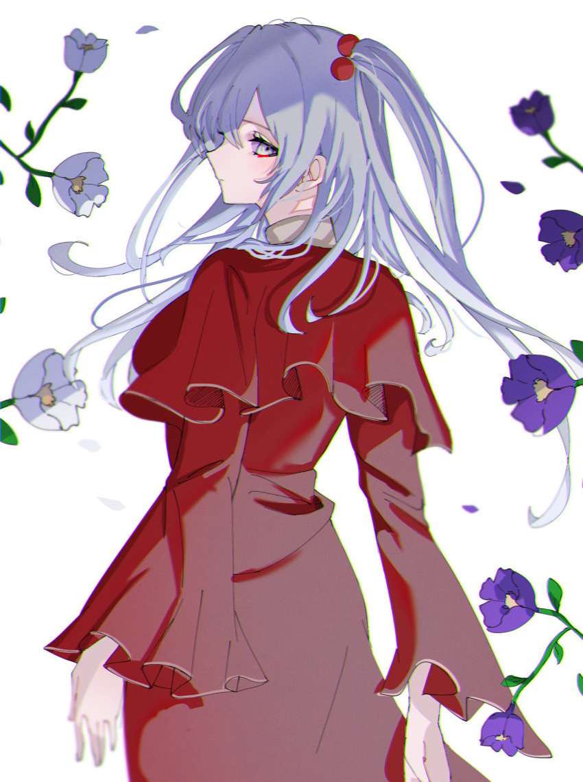 capelet, closed_mouth, commentary, dress, flower, grey_eyes, grey_hair, hair_bobbles