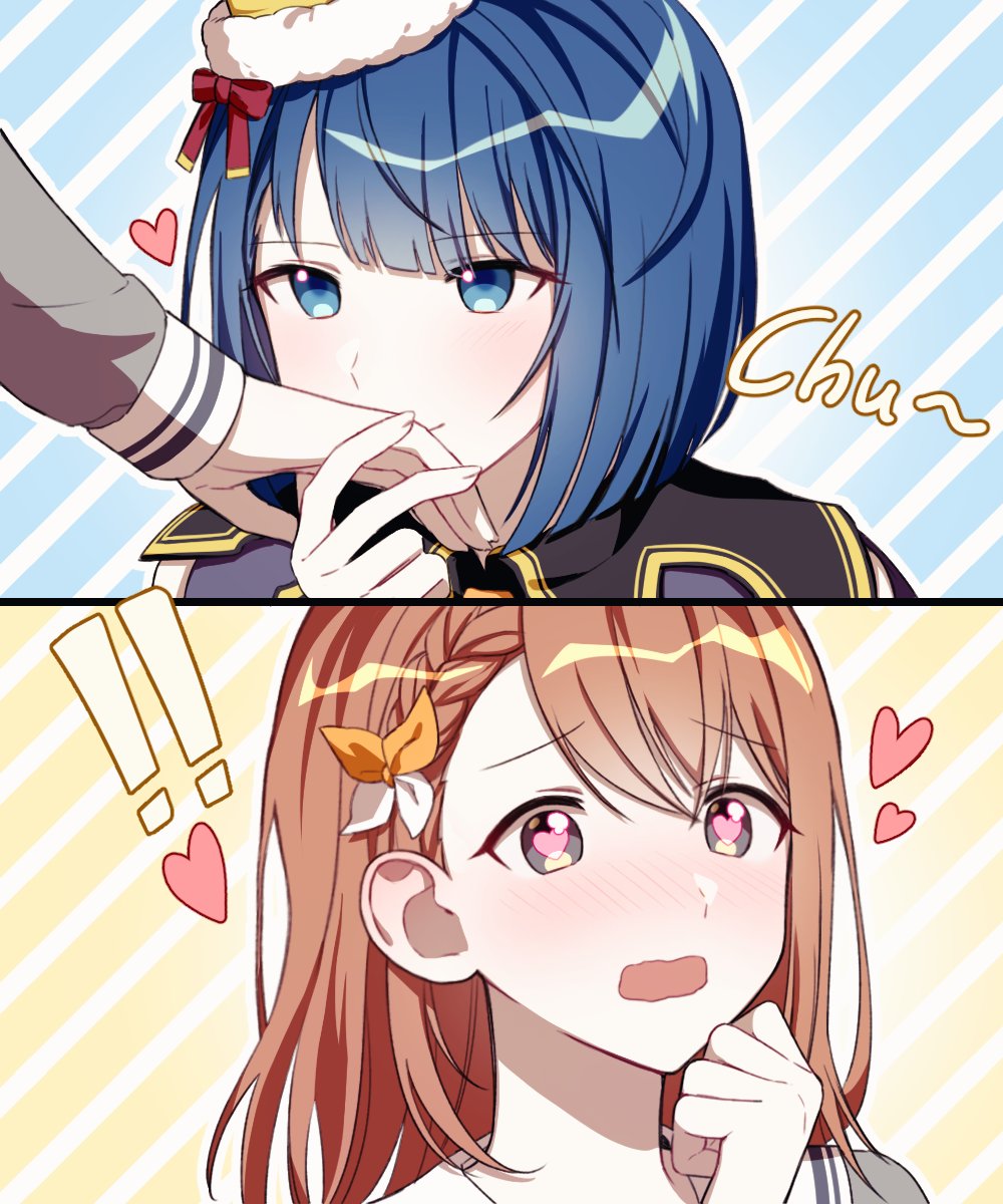 !, !!, 2girls, black_eyes, blue_eyes, blue_hair, blunt_bangs, blush, bow, braid, brown_hair, clenched_hand, closed_mouth, commentary_request, diagonal_stripes, ganbaru_anata_ni_break_time!_(project_sekai), hair_ornament, hanasato_minori, hand_grab, heart, heart-shaped_pupils, highres, kiritani_haruka, kiss, kissing_hand, korean_commentary, lat1e, long_sleeves, miyamasuzaka_girls'_academy_school_uniform, multiple_girls, official_alternate_costume, open_mouth, project_sekai, red_bow, school_uniform, short_hair, striped, symbol-shaped_pupils, yuri
