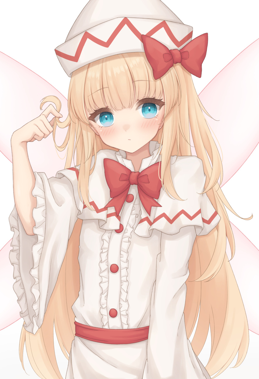 1girl, absurdres, blonde_hair, blue_eyes, blush, buttons, capelet, center_frills