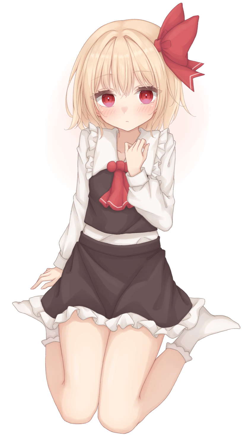 1girl, absurdres, ascot, black_skirt, black_vest, blonde_hair, blush, closed_mouth, collared_shirt, frilled_shirt_collar, frilled_skirt, frills, full_body, gaden19, hair_between_eyes, hair_ribbon, highres, long_sleeves, red_ascot, red_eyes, red_ribbon, ribbon, rumia, shirt, short_hair, simple_background, skirt, socks, solo, touhou, vest, white_background, white_shirt, white_socks