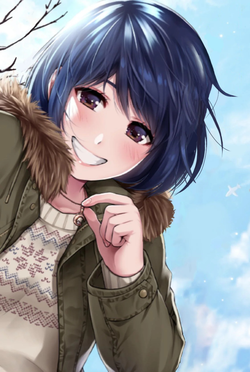 1girl, :d, adjusting_necklace, aircraft, airplane, blue_hair, blue_sky, blush, bob_cut, brown_eyes, clouds, coat, contrail, cover, cover_page, domestic_na_kanojo, eyelashes, fur-trimmed_coat, fur_trim, green_coat, grin, highres, hood, hood_down, jewelry, knit_sweater, long_sleeves, looking_at_viewer, manga_cover, messy_hair, necklace, non-web_source, official_art, open_clothes, open_coat, outdoors, parted_lips, pendant, sasuga_kei, short_hair, sky, smile, sweater, tachibana_rui, textless_version, tree, upper_body, white_sweater, wind, winter_clothes