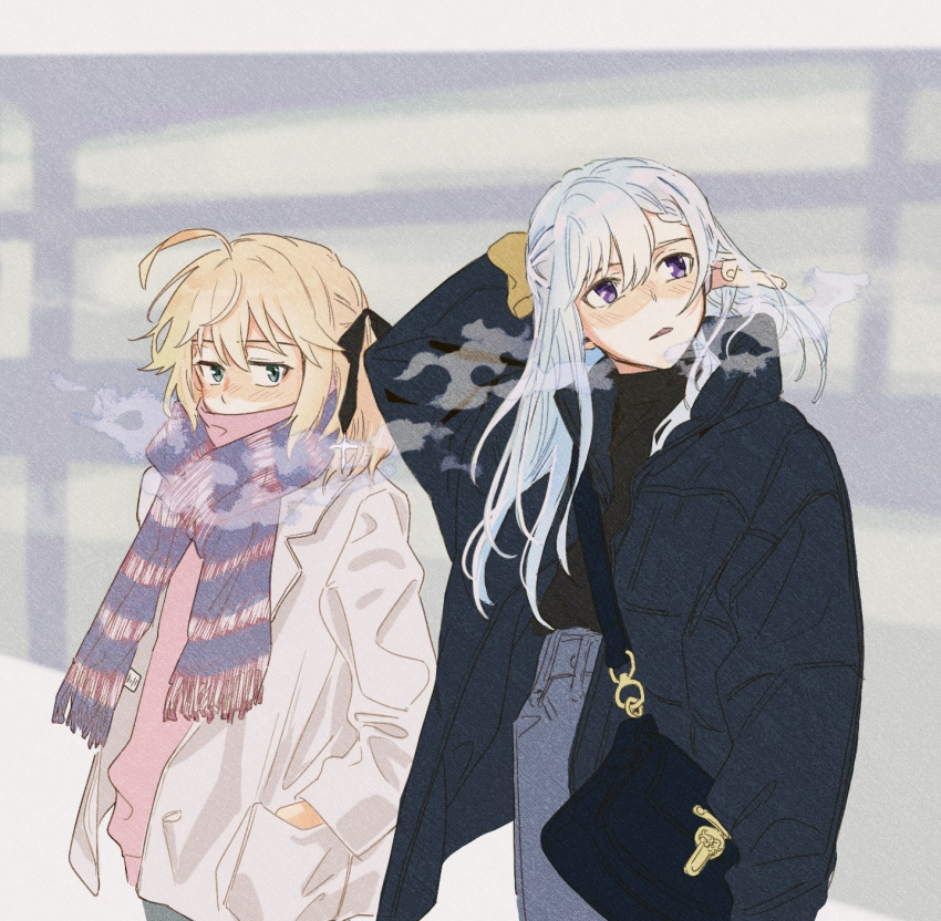 2girls, ahoge, anisphia_wynn_palettia, black_jacket, black_shirt, blonde_hair, blush, breath