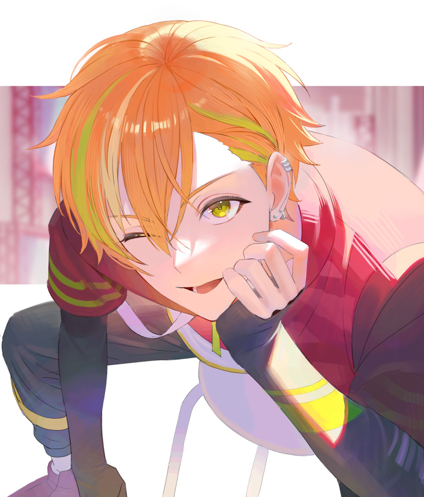 1boy, absurdres, aheure0329, chair, commentary_request, earrings, green_hair, hand_on_own_face