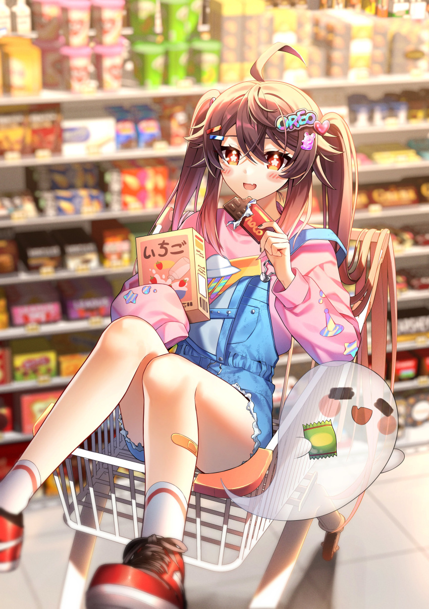 1girl, absurdres, alternate_costume, blue_overalls, boo_tao_(genshin_impact), brown_hair, chocolate, flower-shaped_pupils