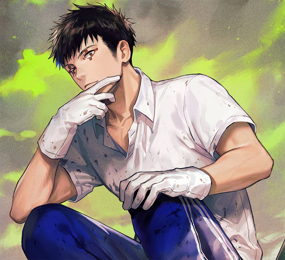 1boy, black_hair, blue_pants, clouds, cloudy_sky, collared_shirt, dorohedoro, eye_tattoo
