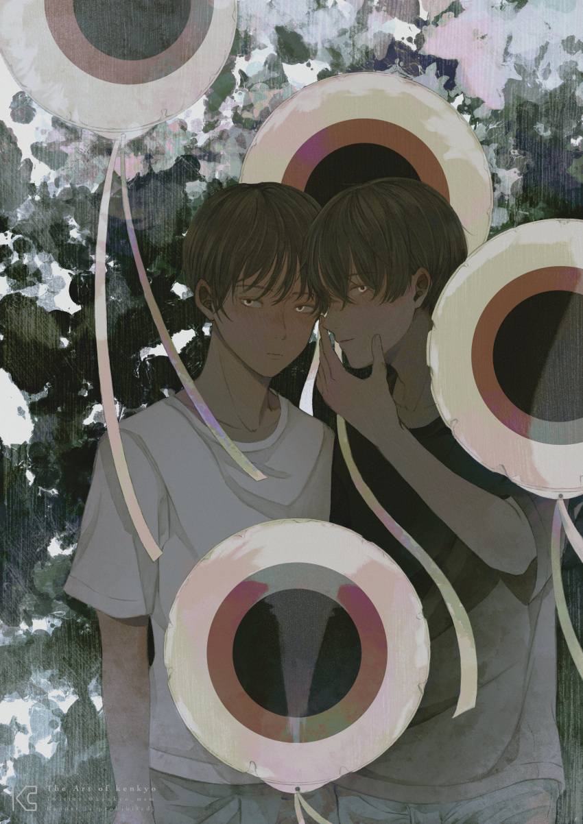 2boys, absurdres, balloon, black_pants, black_shirt, brown_hair, closed_mouth, dark, fangs, glowing, glowing_eyes, hair_between_eyes, hand_on_own_face, highres, kenkyo_msm, looking_at_viewer, male_focus, multiple_boys, original, pants, shirt, short_sleeves, upper_body, white_shirt