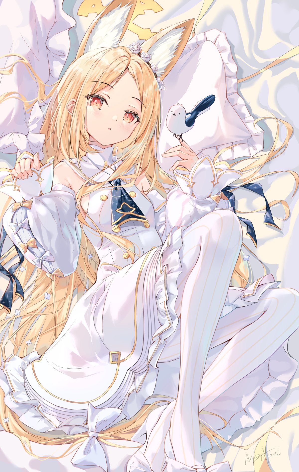 1girl, animal_ear_fluff, animal_ears, arino_ayarei, bird, bird_on_hand, blonde_hair, blue_archive