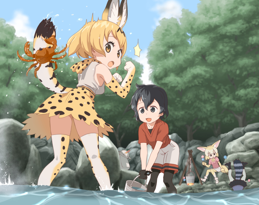 4girls, animal, animal_ears, animal_print, bare_shoulders, bent_over, black_eyes, black_hair