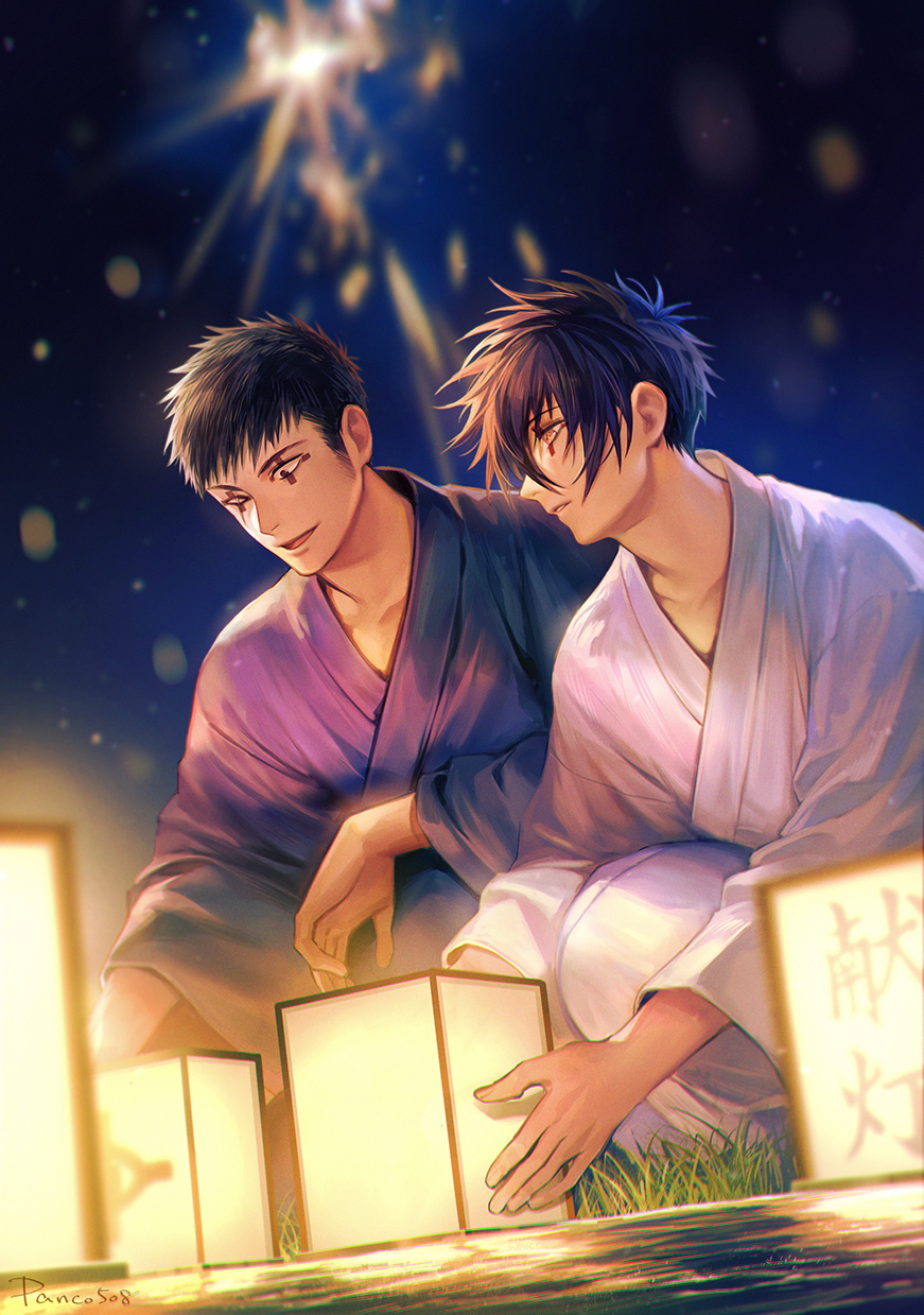 2boys, black_hair, dokuga, dorohedoro, highres, light, long_sleeves, male_focus