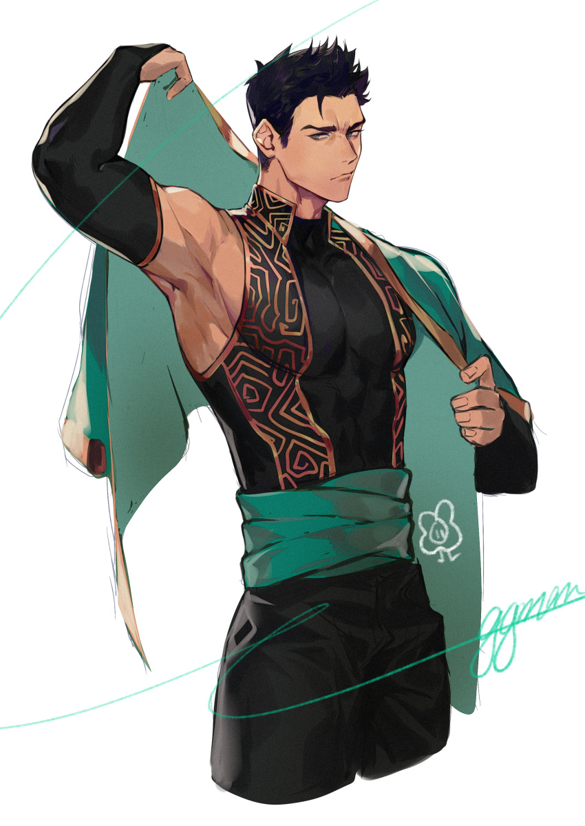 1boy, absurdres, alternate_costume, aqua_eyes, arm_up, batman_(series), black_hair, black_pants