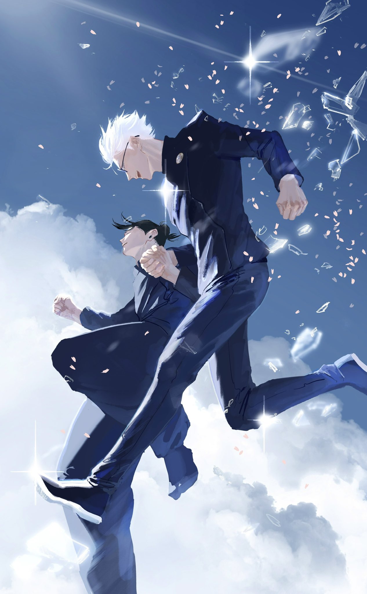 2boys, black_hair, blue_sky, clouds, feet_out_of_frame, full_body, getou_suguru, glass_shards