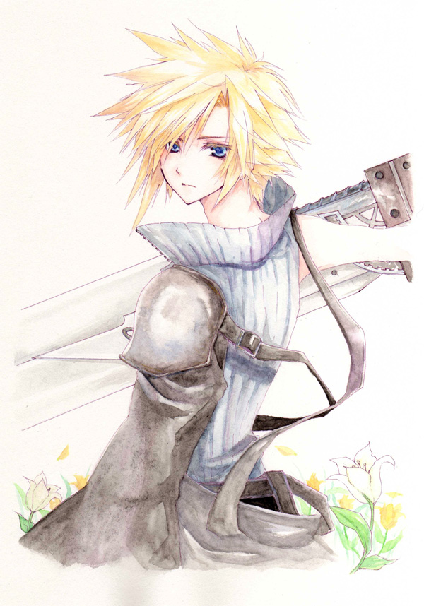 1boy, black_jacket, blonde_hair, blue_eyes, blue_shirt, buster_sword, closed_mouth, cloud_strife
