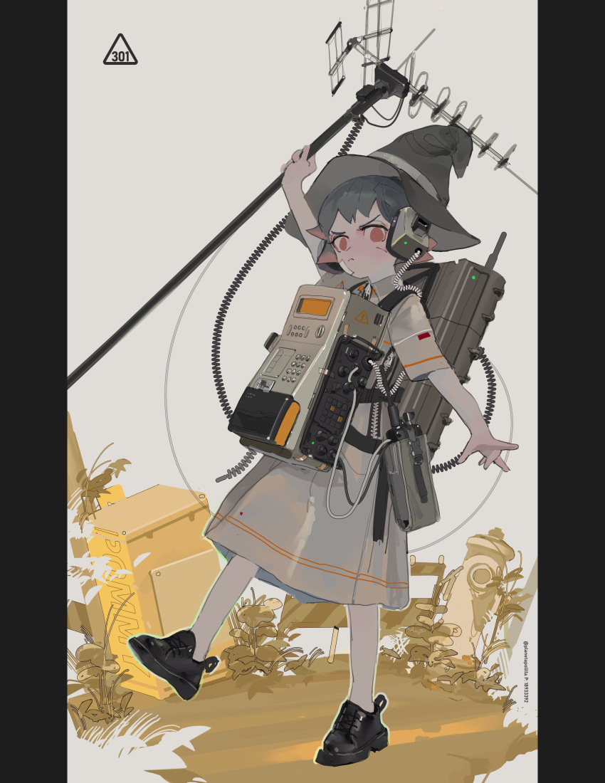 1girl, absurdres, antennae, artist_logo, black_footwear, cable, commentary, dress