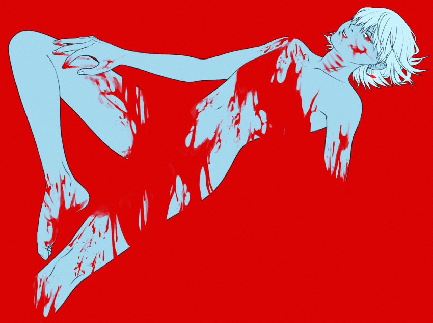1other, androgynous, blonde_hair, blood, blood_on_face, collarbone, completely_nude, full_body