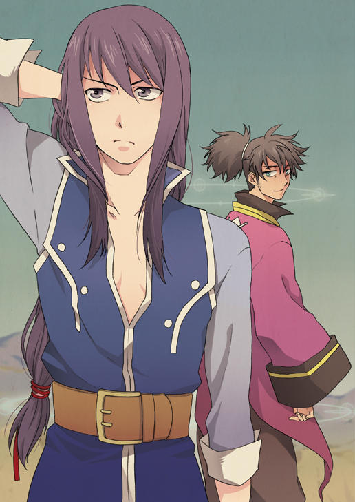 alternate_costume, back-to-back, black_eyes, black_hair, green_background, green_eyes, hayato_(gt), long_hair, male, multiple_boys, ponytail, raven, smile, tales_of_(series), tales_of_vesperia, uniform, yuri_lowell