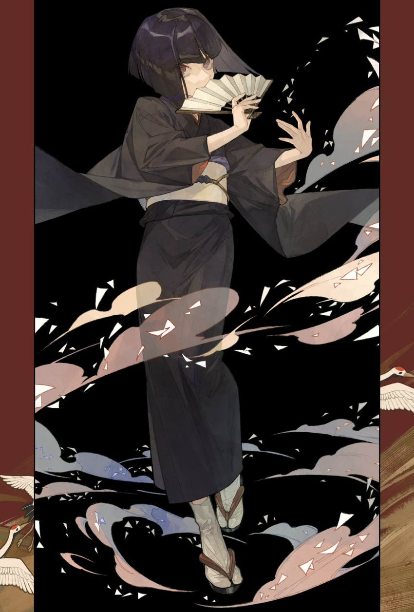 black_background, black_hair, black_kimono, blunt_bangs, blush, bob_cut, folding_fan, hand_fan