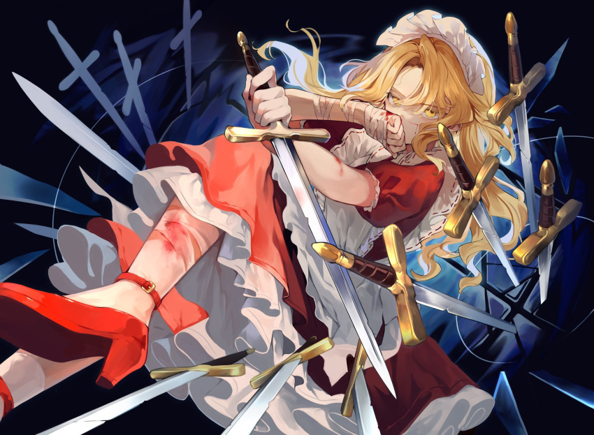 1girl, apron, blonde_hair, blood, dress, frilled_dress, frills, high_heels, highres, holding, holding_sword, holding_weapon, injury, long_hair, maid, maid_apron, maid_headdress, red_dress, red_footwear, risui_(suzu_rks), short_sleeves, solo, sword, touhou, touhou_(pc-98), weapon, white_apron, yellow_eyes, yumeko_(touhou)