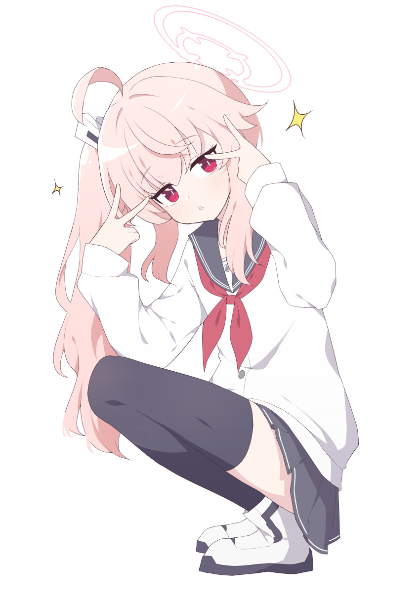 1girl, absurdres, antenna_hair, black_skirt, black_thighhighs, blue_archive, blush, cowlick