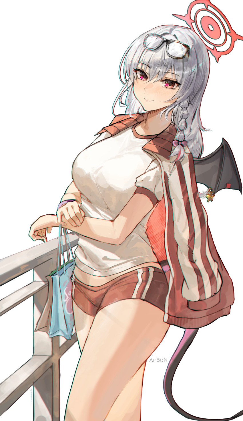 1girl, absurdres, ai-bon, artist_name, blue_archive, breasts, demon_wings, eyewear_on_head, glasses, grey_hair, gym_uniform, haruna_(blue_archive), highres, jacket, jacket_on_shoulders, large_breasts, long_hair, red_eyes, shirt, short_shorts, shorts, smile, track_jacket, white_background, white_shirt, wings