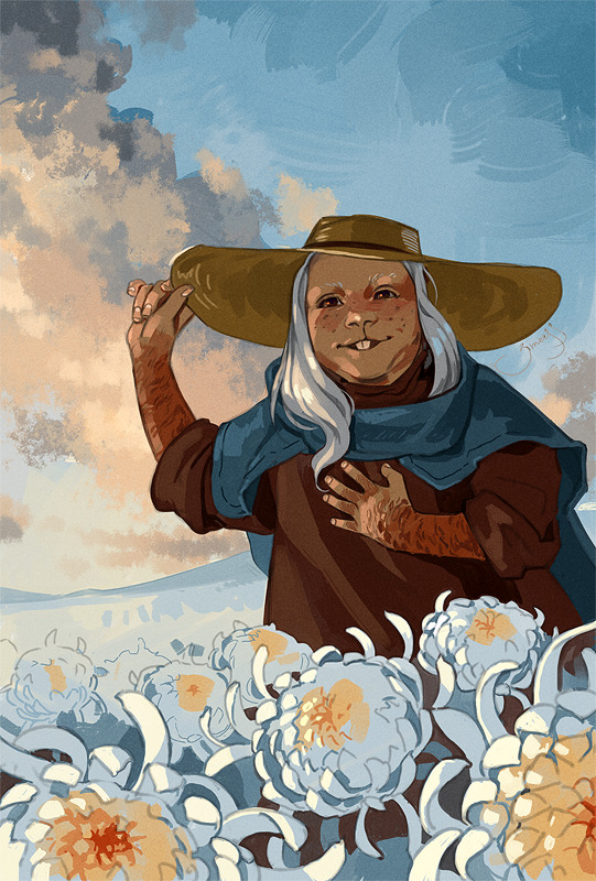1girl, buck_teeth, dark_skin, flower, freckles, hat, holding, holding_clothes