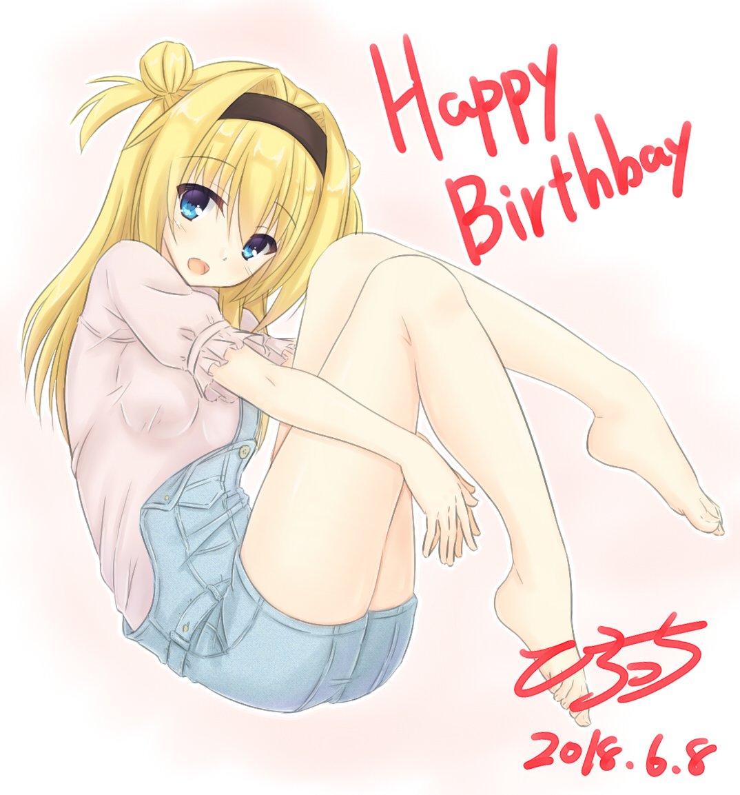 1girl, 2018, :d, barefoot, black_hairband, blonde_hair, blue_eyes, blue_overalls
