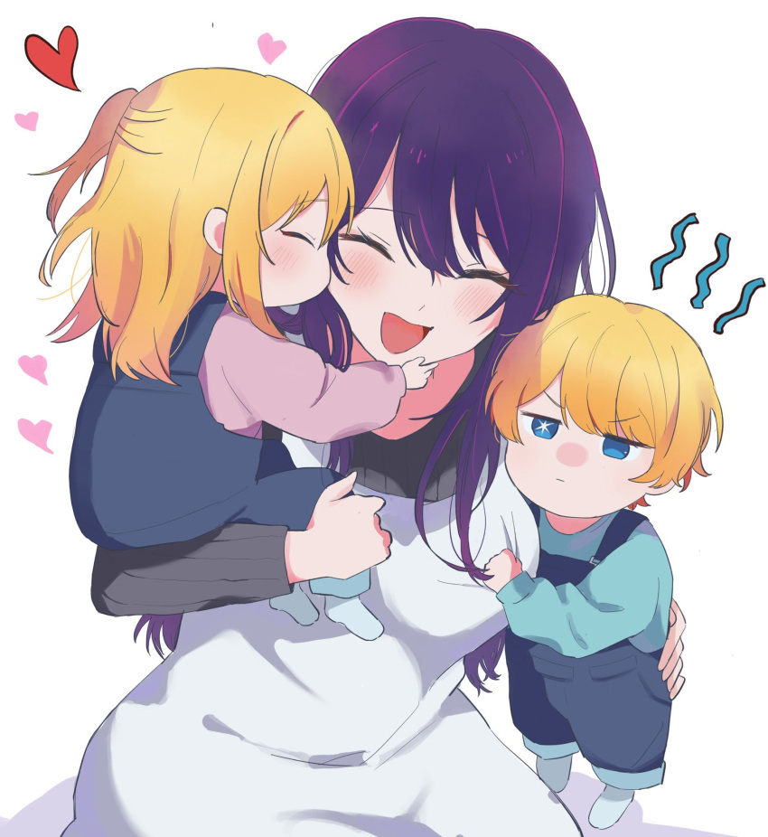 1boy, 2girls, :d, age_difference, aged_down, aise27820265, black_sweater, blonde_hair