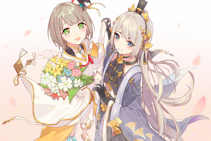2boys, :d, androgynous, aqua_ribbon, bird_hair_ornament, black_gloves, black_robe, black_sash, blue_eyes, blue_flower, blunt_bangs, blush, bob_cut, bouquet, brown_eyes, candied_ginko_nut_(the_tale_of_food), chinese_clothes, coat, falling_petals, feet_out_of_frame, flower, foot_out_of_frame, geta, ginkgo_leaf, gloves, gold_trim, gradient_background, green_eyes, grey_coat, grey_hair, hair_between_eyes, hair_ornament, halterneck, hanfu, heart_(z603458jj6), holding, holding_bouquet, holding_hands, leaf, leaf_hair_ornament, leaf_print, long_hair, long_sleeves, looking_at_viewer, male_focus, mole, mole_under_eye, multiple_boys, open_clothes, open_coat, pants, petals, pink_background, pink_flower, pink_rose, red_flower, ribbon, robe, rose, sash, short_hair, smile, spring_roll_(the_tale_of_food), standing, tassel, teeth, the_tale_of_food, upper_teeth_only, white_background, white_flower, white_pants, white_robe, yellow_flower