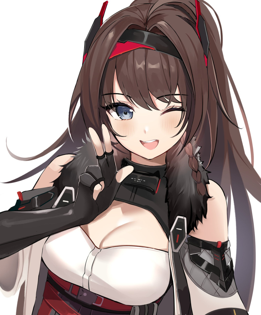 1girl, aether_gazer, bare_shoulders, black_gloves, blue_eyes, blush, braid, breasts, brown_hair, cleavage_cutout, clothing_cutout, detached_sleeves, english_commentary, eyes_visible_through_hair, fingerless_gloves, fur_trim, gloves, hand_up, headgear, highres, long_hair, looking_at_viewer, medium_breasts, one_eye_closed, open_mouth, ry_thae, side_braid, simple_background, smile, solo, teeth, upper_body, upper_teeth_only, verthandi_(aether_gazer), w, white_background