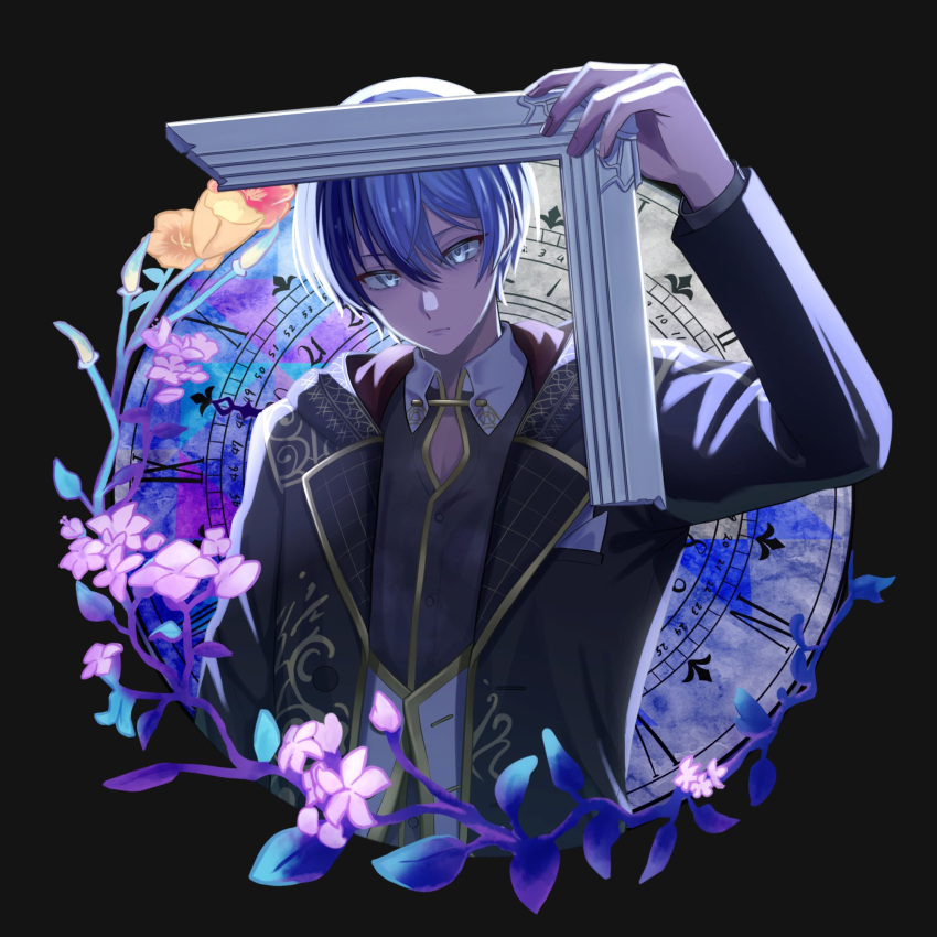 1other, aoyagi_touya, blue_hair, clock, closed_mouth, collared_shirt, commentary, dark_blue_hair