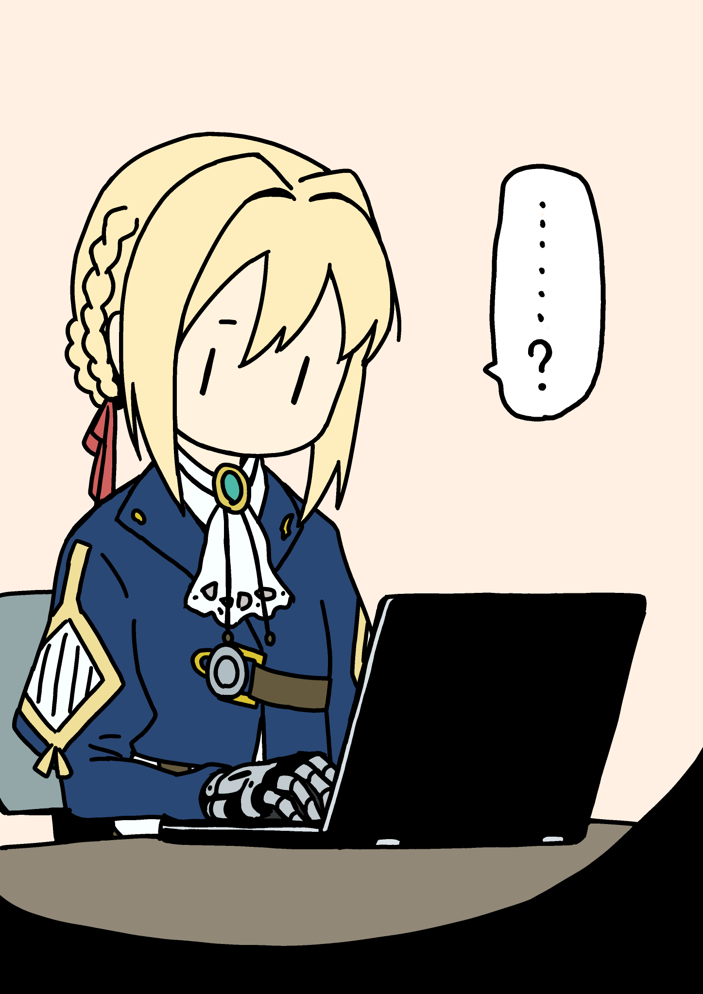 1girl, blonde_hair, braid, chair, chibi, computer, green_brooch, hair_ribbon, highres, laptop, mechanical_arms, office_chair, red_ribbon, ribbon, simple_background, sitting, solo, speech_bubble, swivel_chair, table, takurada, violet_evergarden, violet_evergarden_(series), yellow_background