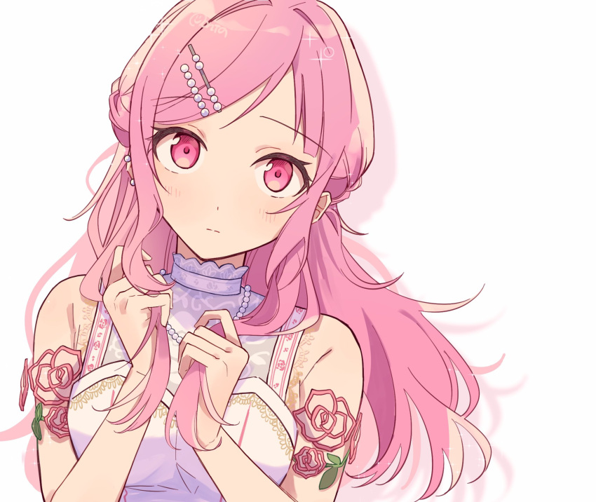1girl, bead_necklace, beads, blush, closed_mouth, commentary_request, floral_print, hair_ornament