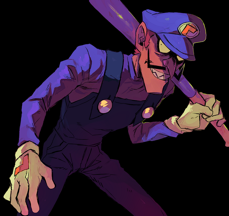 ._., 1boy, ame999garnet, baseball_bat, big_nose, black_background, brown_hair, clenched_teeth, evil_smile, facial_hair, gloves, hat, holding, holding_baseball_bat, long_sleeves, looking_at_viewer, male_focus, mustache, overalls, purple_shirt, sharp_teeth, shirt, short_hair, simple_background, smile, super_mario_bros., teeth, waluigi, white_gloves